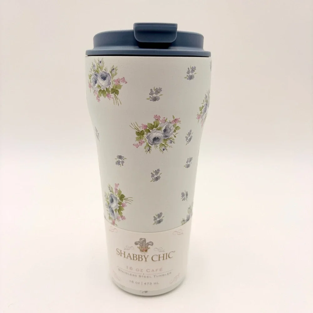 Shabby Chic Rachel Ashwell 16 oz Cafe Stainless Tumbler Blue Floral Travel Mug